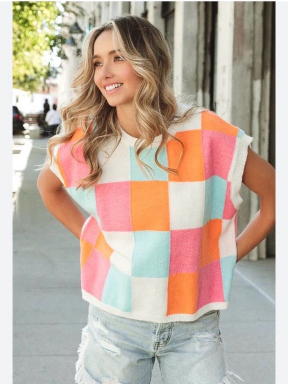 NWT BiBi Colorblock Check Knit Sweater Vest